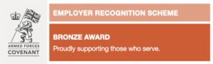 Armed Forces Covenant. Employer recognition scheme. Bronze award. Proudly supporting those who serve.